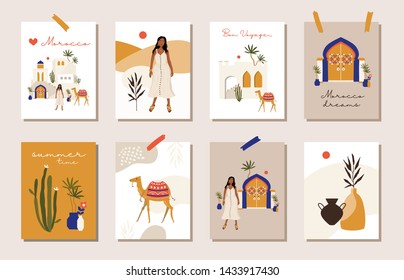   Cute Moroccan girls, old house, camel, palm leaves and lettering in stylish colors. Cartoon characters.
