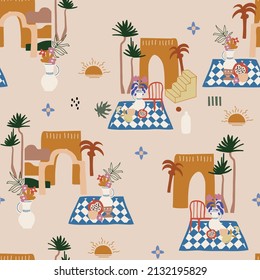 Cute Morocco Vibes and scenery ,Marrakesh Inspired ,Flower ,Vase and tile seamless pattern Vector EPS10,Design for fashion , fabric, textile, wallpaper, cover, web , wrapping and all prints 