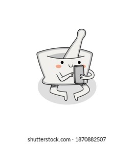 Cute mortar and pestle cartoon character on the phone