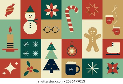 Cute mosaic Christmas geometric pattern. Modern minimalistic ornamental. Gingerbread man, snowman, snowflakes.  Vector background. Winter holidays, Christmas concept.  Gift box packaging design. 