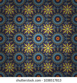 Cute mosaic. Geometric vector template. Abstract yellow, blue and orange seamless pattern with mesh of squares.