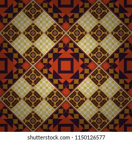 Cute mosaic. Geometric vector template. Abstract yellow, brown and orange seamless pattern with mesh of squares.