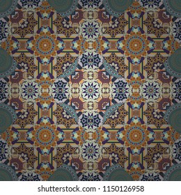 Cute mosaic. Geometric vector template. Abstract yellow, blue and gray seamless pattern with mesh of squares.