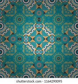 Cute mosaic. Geometric vector template. Abstract blue, yellow and white seamless pattern with mesh of squares.