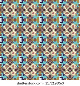 Cute mosaic. Geometric vector template. Abstract blue, gray and yellow seamless pattern with mesh of squares.
