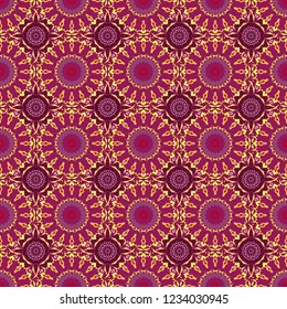 Cute mosaic. Geometric vector template. Abstract yellow, purple and red seamless pattern with mesh of squares.