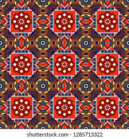 Cute mosaic. Geometric vector template. Abstract red, blue and black with mesh of squares.