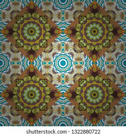 Cute mosaic. Geometric vector template. Abstract brown, green and white seamless pattern with mesh of squares.