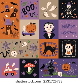 Design de padrão sem costura de Halloween de mosaico bonito com retratos de Drácula, fantasmas, casa assombrada, gato preto, abóbora, pedra RIP. Impressão de patchwork desenhada à mão de desenhos animados. Plano de fundo de repetição de vetor.