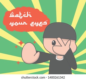 Cute moslem boy with black clothes saying watch our eyes