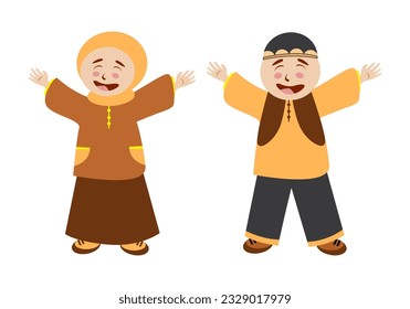 Cute moslem boy and girl greeting clipart. Islamic character set. Kartun anak muslim lucu