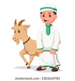 Cute moslem boy with goat cartoon. Hand drawn eid al-adha boy and goat illustration, eid al adha mubarak character. Vector illustration