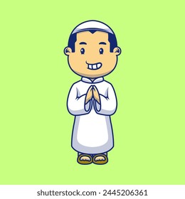 Cute Moslem Boy Greeting Hand Cartoon Vector Icons Illustration. Flat Cartoon Concept. Suitable for any creative project.