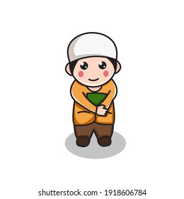 Cute Moslem Boy Happy Expression Umarmung ein Buch Vector Icon Illustration. Ramadan Mascot Cartoon Charakter. Personensymbol Konzept einzeln. Flachbildkartonstil 