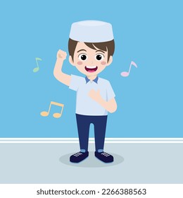 Cute moslem boy learn to sing a song