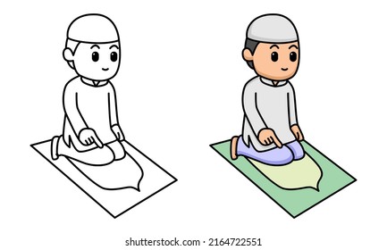 Cute moslem boy praying coloring page for kids