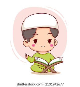Cute Moslem boy reading Koran cartoon character