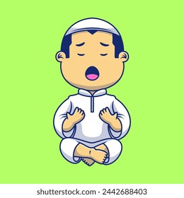Cute Moslem Boy Sitting Praying Cartoon Vector Icons Illustration. Suitable for any creative project 