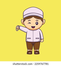Cute moslem character vector. Illustration of a Muslim boy carrying tasbih (a device for counting prayers).