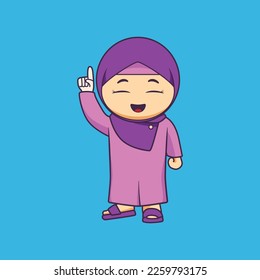 Cute moslem character vector. Illustration of a muslim girl wearing hijab raise hand up.