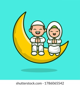 Cute Moslem Couple Sitting On Moon Cartoon Vector Icon Illustration. People Religion Icon Concept Isolated Premium Vector. Flat Cartoon Style