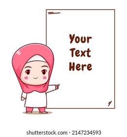 Cute Moslem girl with bubble text chibi hand drawn cartoon character