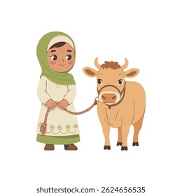 Cute moslem girl with cow cartoon. Hand drawn eid al-adha girl and goat illustration, eid al adha mubarak character. Vector illustration