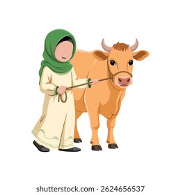 Cute moslem girl with cow cartoon. Hand drawn eid al-adha girl and goat illustration, eid al adha mubarak character. Vector illustration