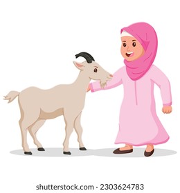 Cute moslem girl with goat cartoon. Hand drawn eid al-adha girl and goat illustration, eid al adha mubarak character. Vector illustration