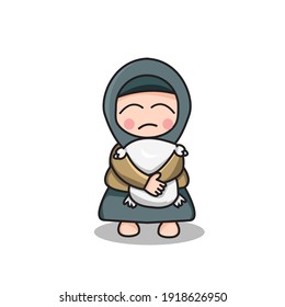 Un bonito musulmán abrazando una almohada de Icono vector. Ilustración. Caricatura mascota de Ramadán. Concepto de icono personal aislado. Estilo de dibujo plano 