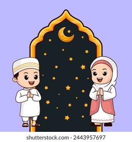 Cute Moslem Kids Greetings Vector Illustration With Islamic Background