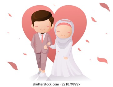 Cute Moslem or Muslim Couple Wedding Cartoon Illustration with Love Background