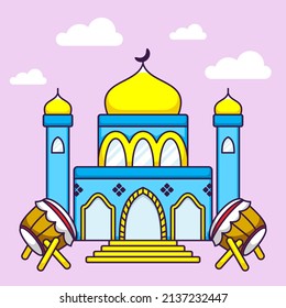 Cute Mosque Background with Drum in Cartoon. Ramadan Vector Illustration. Flat Style Concept.