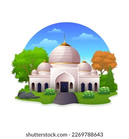 Cute Mosque building with beautiful green yard illustration