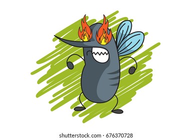 Cute Mosquito with fiery eyes. Vector Illustration. isolated on white background.