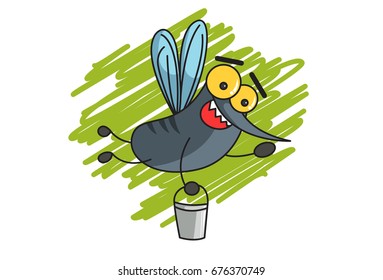 Cute Mosquito flying with a bucket. Vector Illustration. isolated on white background.