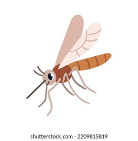 Cute mosquito. Funny gnat insect with wings and proboscis, trunk. Happy smiling sweet adorable flying character. Childish flat graphic vector illustration isolated on white background