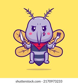 Cute Mosquito Holding Knife And Fork Cartoon Vector Icon Illustration. Animal Food Icon Concept Isolated Premium Vector. Flat Cartoon Style