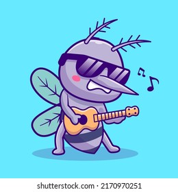 Cute Mosquito Playing Guitar Cartoon Vector Icon Illustration. Animal Music Icon Concept Isolated Premium Vector. Flat Cartoon Style