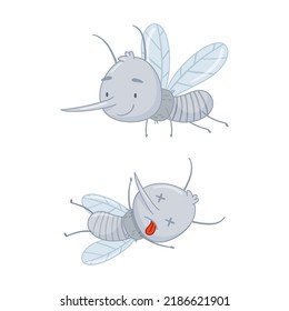 Equipo de mosquitos. Dibujo vectorial de insectos parásitos muertos y voladores