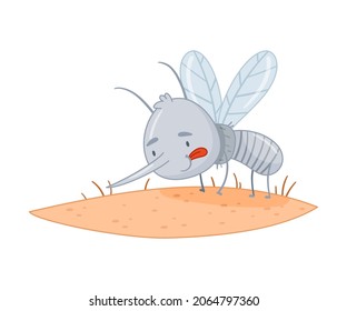 Un mosquito lindo sentado en la piel humana. Adorable insecto parasitario divertido caricatura de carácter gráfico vector ilustración