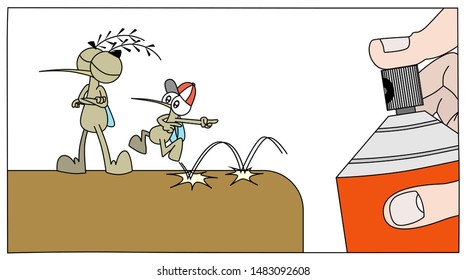 Cute mosquito warning to another of the danger while a hand holds an insecticide near them. Cartoon style vector illustration.