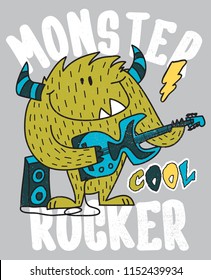 Cute moster holding guitar vector design