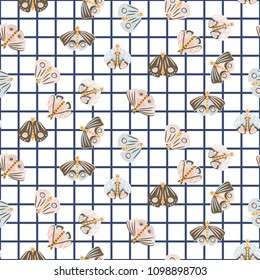 Cute moth seamless vector pattern. Pastel color insects on checkered background.