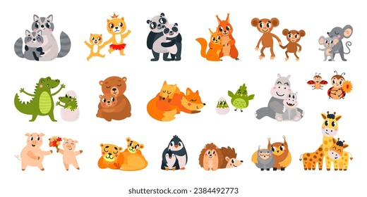 Madre de animales. Nena abraza a mamá, animales salvajes personajes de la familia. Cubos divertidos, oso de dibujos animados aislados y zorro, leopardo y panda, clíparte vectorial elegante