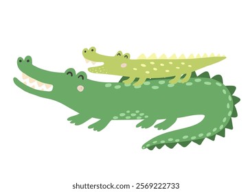 Cute mother and baby alligators in cartoon style. Funny tropical crocodiles clipart isolated on white background. Vector illustration