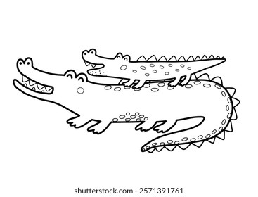 Cute mother and baby alligators print in outline. Funny tropical crocodiles black and white clipart. Vector illustration