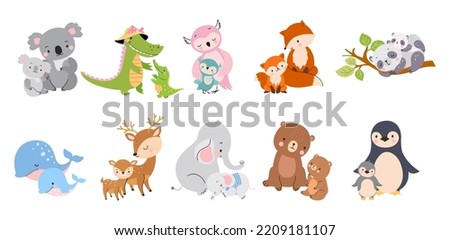 Cute mother and baby animals together. Mommy elephants, koala and bear. Funny cubs hug mothers, cartoon wild animal parents nowaday vector fauna characters