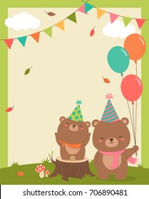 Cute mother and baby bears cartoon illustration with copy space for card design template