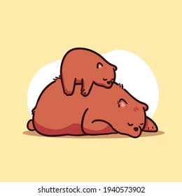 Cute Mother and Baby Brown Bear Asleep Illustration